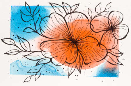Drawn beautiful flowers with a black pen on a watercolor colored backgroundの写真素材