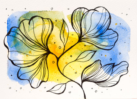 Drawn beautiful flowers with a black pen on a watercolor colored backgroundの写真素材