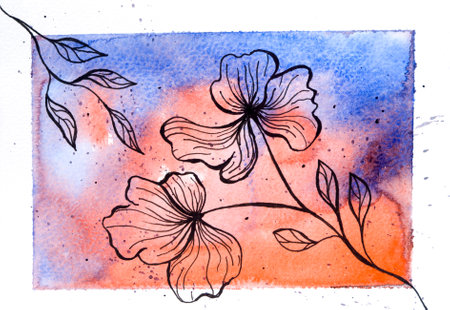 Drawn beautiful flowers with a black pen on a watercolor colored backgroundの写真素材