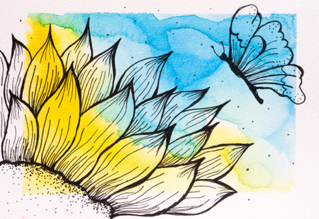 Drawn beautiful flowers with a black pen on a watercolor colored backgroundの写真素材