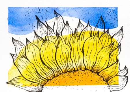 Drawn beautiful flowers with a black pen on a watercolor colored backgroundの写真素材