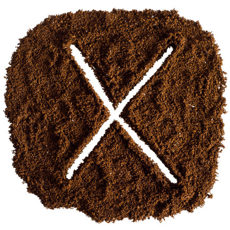 Cross mark of ground coffee isolated on white background. top view.の写真素材