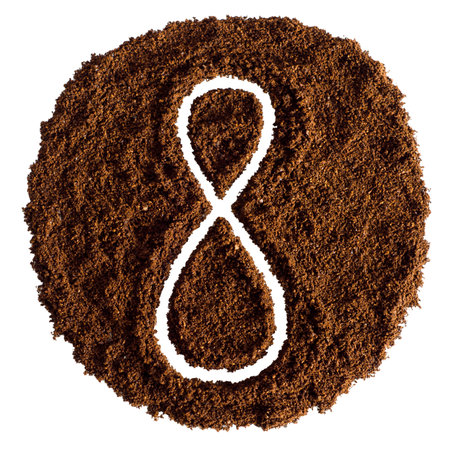 Number 8 made of coffee powder isolated on white background. top view.の写真素材