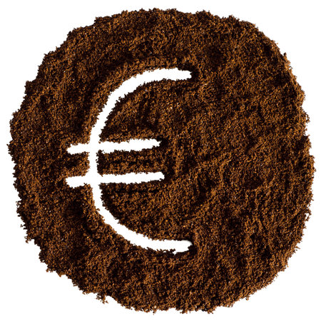 Euro sign made from ground coffee isolated on white background. 3d illustration.の写真素材