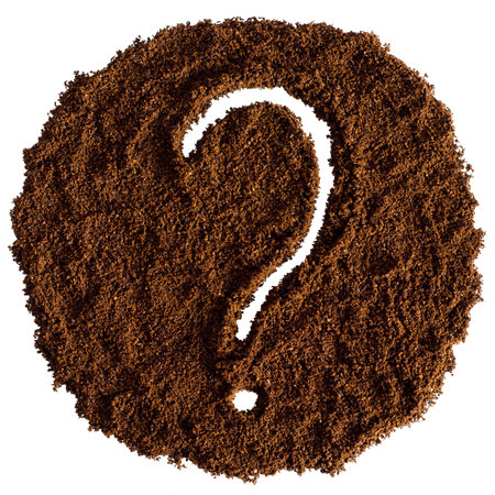Question mark made of ground coffee isolated on white background, question mark symbolの写真素材
