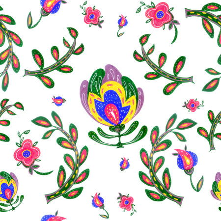 Seamless pattern with flowers and leaves. hand drawn vector illustration.の写真素材
