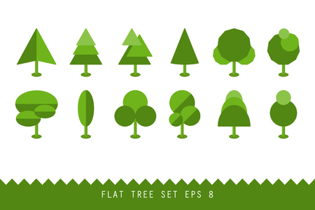 Trendy set of different trees. Simple geometric shapes. Circles, ovals, triangles. Vector flat illustrationのイラスト素材