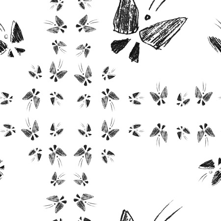 Graphic illustration of flying butterflies on the white background making a beautiful tile. Seamless pattern. Hand made drawing.の写真素材