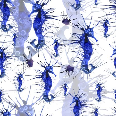 Watercolor illustration of blue seahorses with dark purple sea urchins. Seamless pattern. Hand made painting.の写真素材