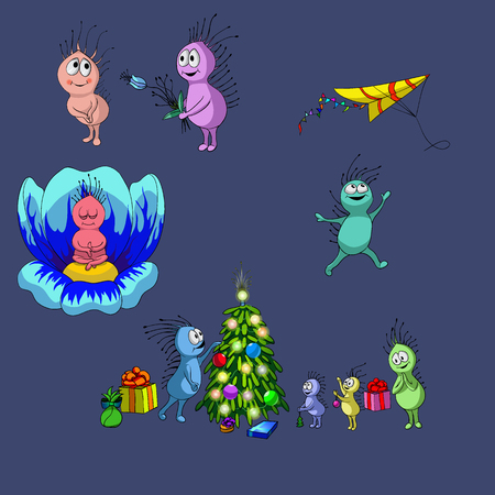 Vector illustration of different color creatures and celebrations of some holidays. Hand made drawingのイラスト素材