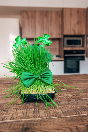 Green sprouted grass at home with symbols of St. Patricks holiday stands on a wooden kitchen table...