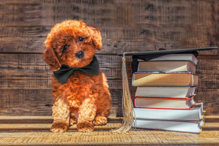 A charming little toy poodle puppy sits in a black bow tie around his neck, next to a stack of books with a graduation cap. Graduation ceremony, graduation ceremony and graduationの写真素材