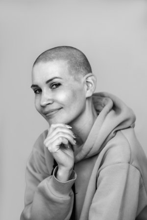a beautiful young woman with a shaved bald head is dressed in a sweatshirt hood on a light background. Black and white photoの写真素材