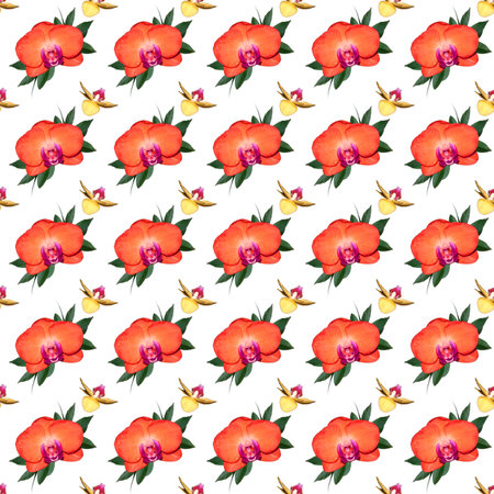 Flowers on a white background. Seamless pattern with orange Orchid flowers and green leaves.