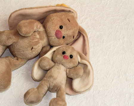 Bunnies on a white background. Plush rabbit toy.