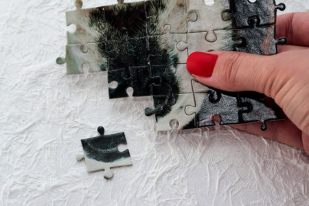 Puzzles in a woman's hand. Home educational games.の写真素材