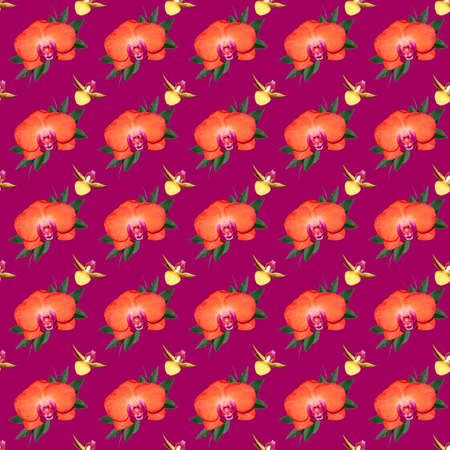 Flowers on a pink background. Seamless pattern with orange Orchid flowers and green leaves.の写真素材
