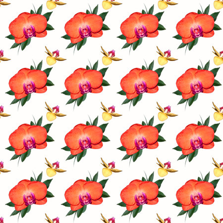 Flowers on a white background. Seamless pattern with orange Orchid flowers.の写真素材