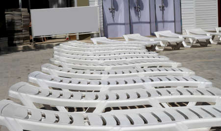 Empty sun beds near the pool. Donbass 07/03/2020の写真素材