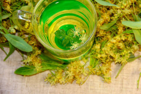 A Cup of lime tea on a background of lime flowers.の写真素材