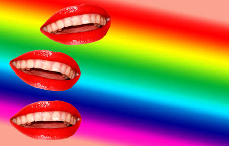 A smile on a rainbow background. Red lipstick on her lips. Background with teeth.の写真素材