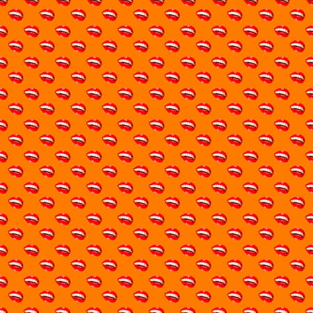 A woman's smile on an orange background. Bright background with red lips. White, even teeth. Pattern.の写真素材