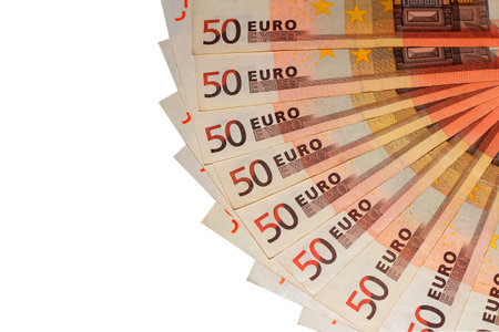 A fan of 50 Euro bills on a black background. Stable currency. Currency of the future.