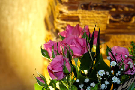 Magic bouquet of pink roses. Magic shadows.の写真素材