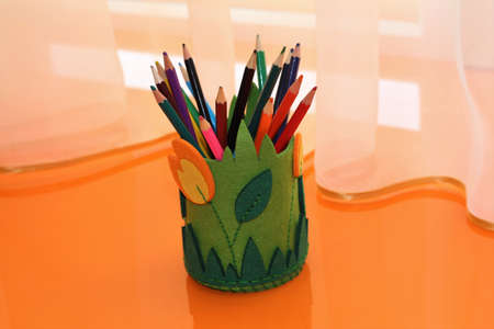 pencil holder made of felt with your own handsの写真素材