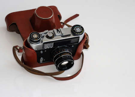 Soviet camera on a light background in a case.の写真素材