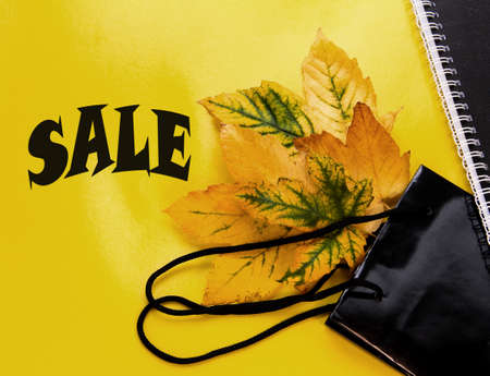 Autumn leaves fall out of the bag on a bright yellow background with the inscription sale.の写真素材