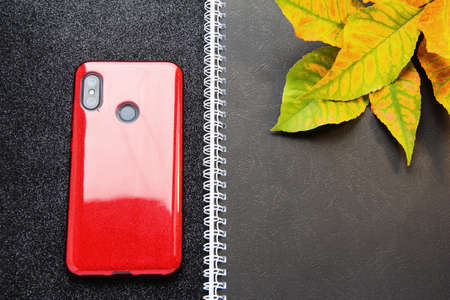 Red phone on a black background with autumn leaves.の写真素材
