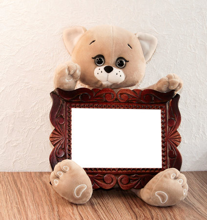 A toy cat with a wooden frame in its paws.