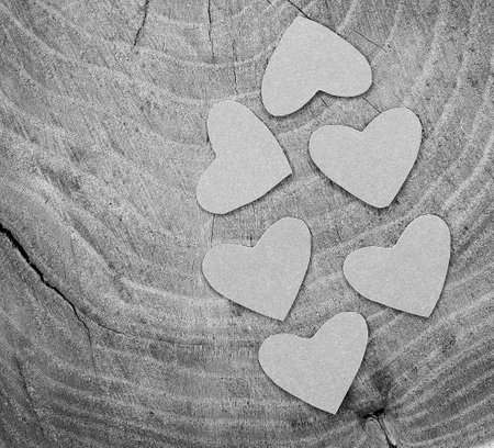 Black and white photo with hearts on a wooden background.の写真素材