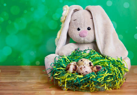 Toy bunny with quail eggs on a wooden table.の写真素材