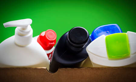 Plastic bottles in a paper box. Recyclable plastic.の写真素材