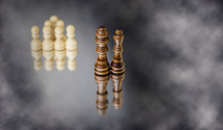 Wooden figure of the king and queen with pawns on a dark background. Chessの写真素材