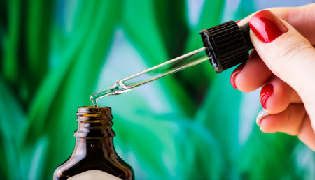 A drop of liquid from a pipette on a green background.の写真素材