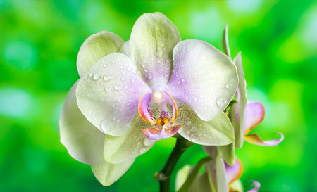 Orchid flower on a green background. Bloom.の写真素材