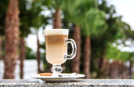 Latte cappuccino on a blurred background with palm trees.