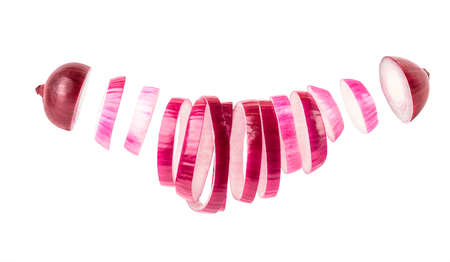 Sliced red onion isolated on white background. Top view.の写真素材