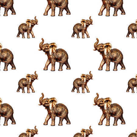 Bronze elephant figurine, seamless pattern on a white background.の写真素材