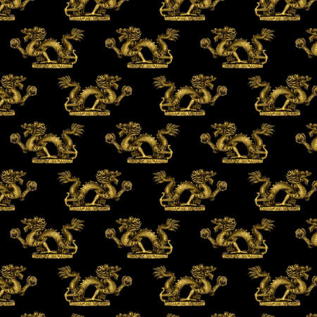 Bronze dragon figurine with ball, seamless pattern.の写真素材