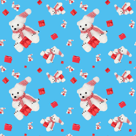 Seamless pattern with a toy bear on a white background.の写真素材