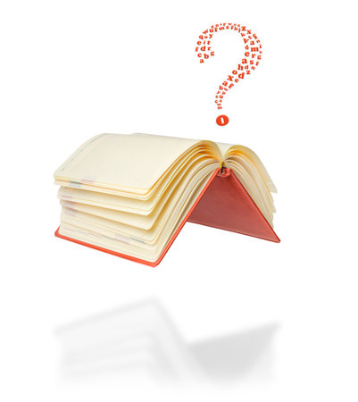 Open diary on a white background with a question from the letters.の写真素材