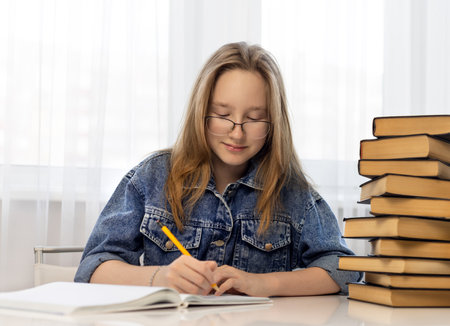 The girl writes in a notebook at a white table with books.の写真素材