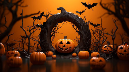 Halloween pumpkins on an orange background with bats.の素材