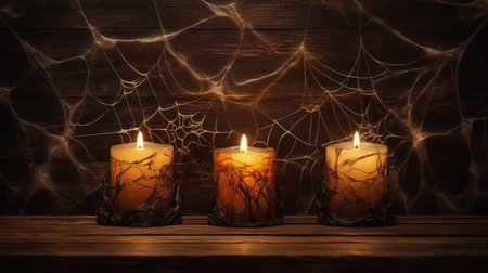 Candles in a web on a wooden table. Halloween.の素材