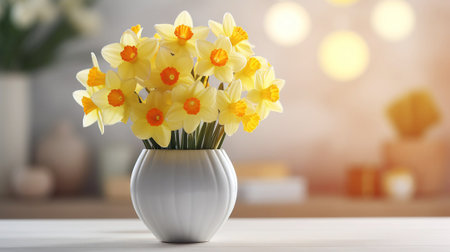 Vase of flowers with daffodils on a white table.の素材