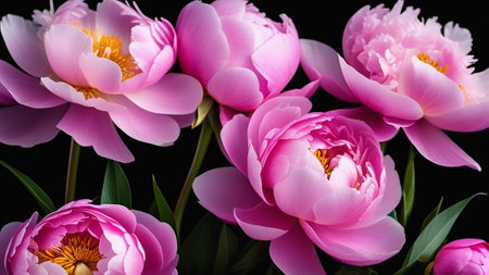 Buds of pink peonies on a black background.の素材